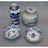 Chinese and Japanese blue and white porcelain including a ginger jar, a vase and two dishes, 17th-
