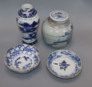 Chinese and Japanese blue and white porcelain including a ginger jar, a vase and two dishes, 17th-