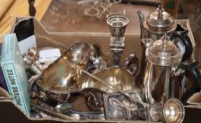 An Edwardian cream jug, a tea strainer and stand and sundry plated wares.