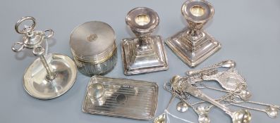 A pair of silver dwarf candlesticks(a.f.), a silver stand, a toilet jar, a small tray, a small