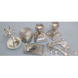 A pair of silver dwarf candlesticks(a.f.), a silver stand, a toilet jar, a small tray, a small