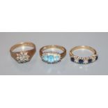 Three assorted 9ct gold and gem set dress rings, including small illusion set diamond cluster.