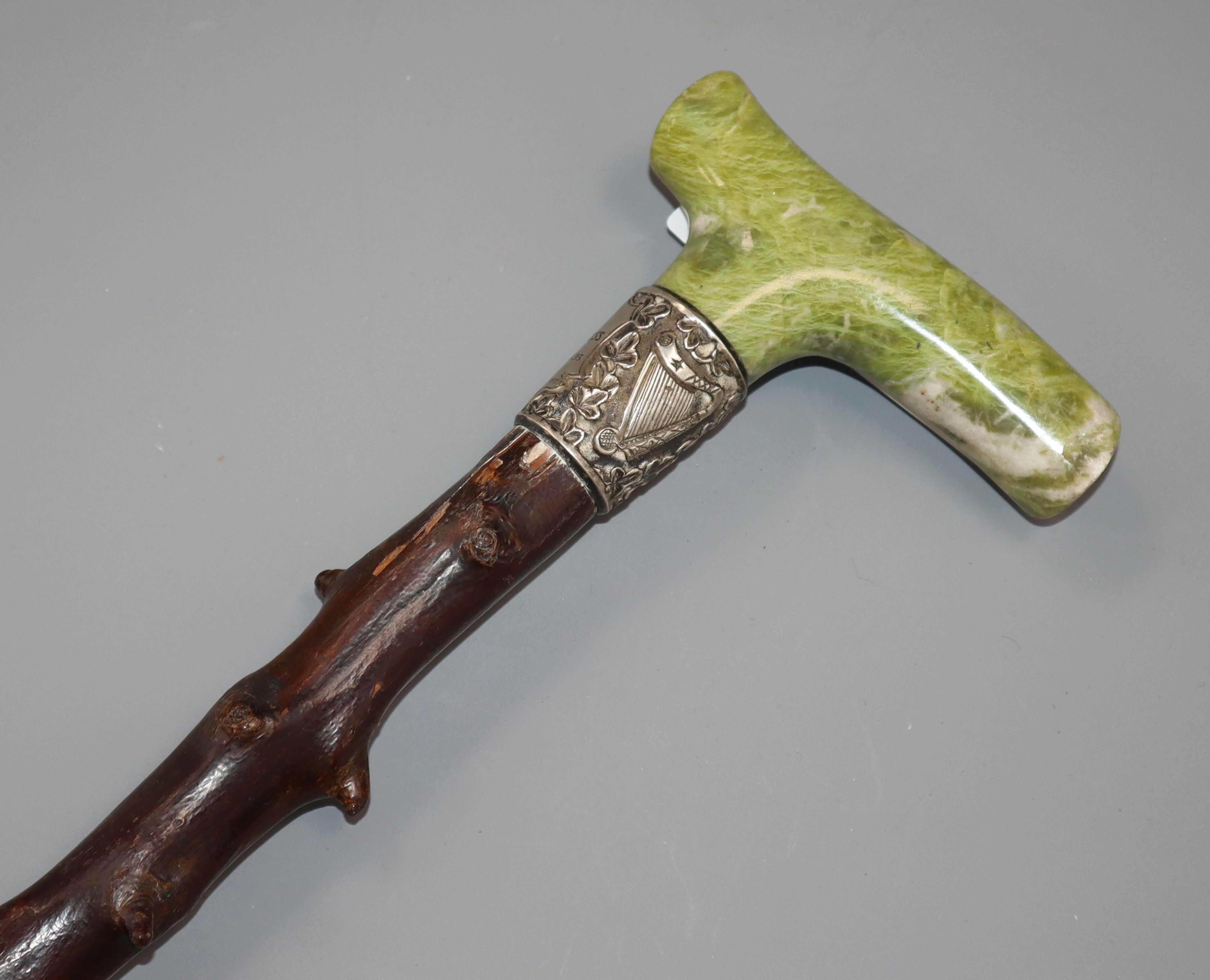 A hardstone walking cane with silver harp design