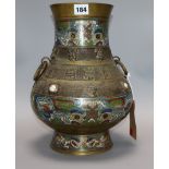 A Chinese bronze champleve vase, with semi precious inset stones and mark to base height 33.5cm