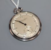 International Watch Co., Schaffhausen, a plated open-face keyless pocket watch.