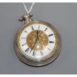 A William IV silver pair-cased key-wind pocket watch having gilt and enamelled dial