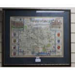 John Speede, coloured engraving, Map of Surrey, reverse glazed, 39 x 51cm