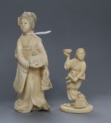 Two Japanese ivory figures of a fisherman and a bijin Meiji period tallest 12cm