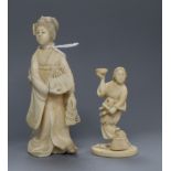 Two Japanese ivory figures of a fisherman and a bijin Meiji period tallest 12cm