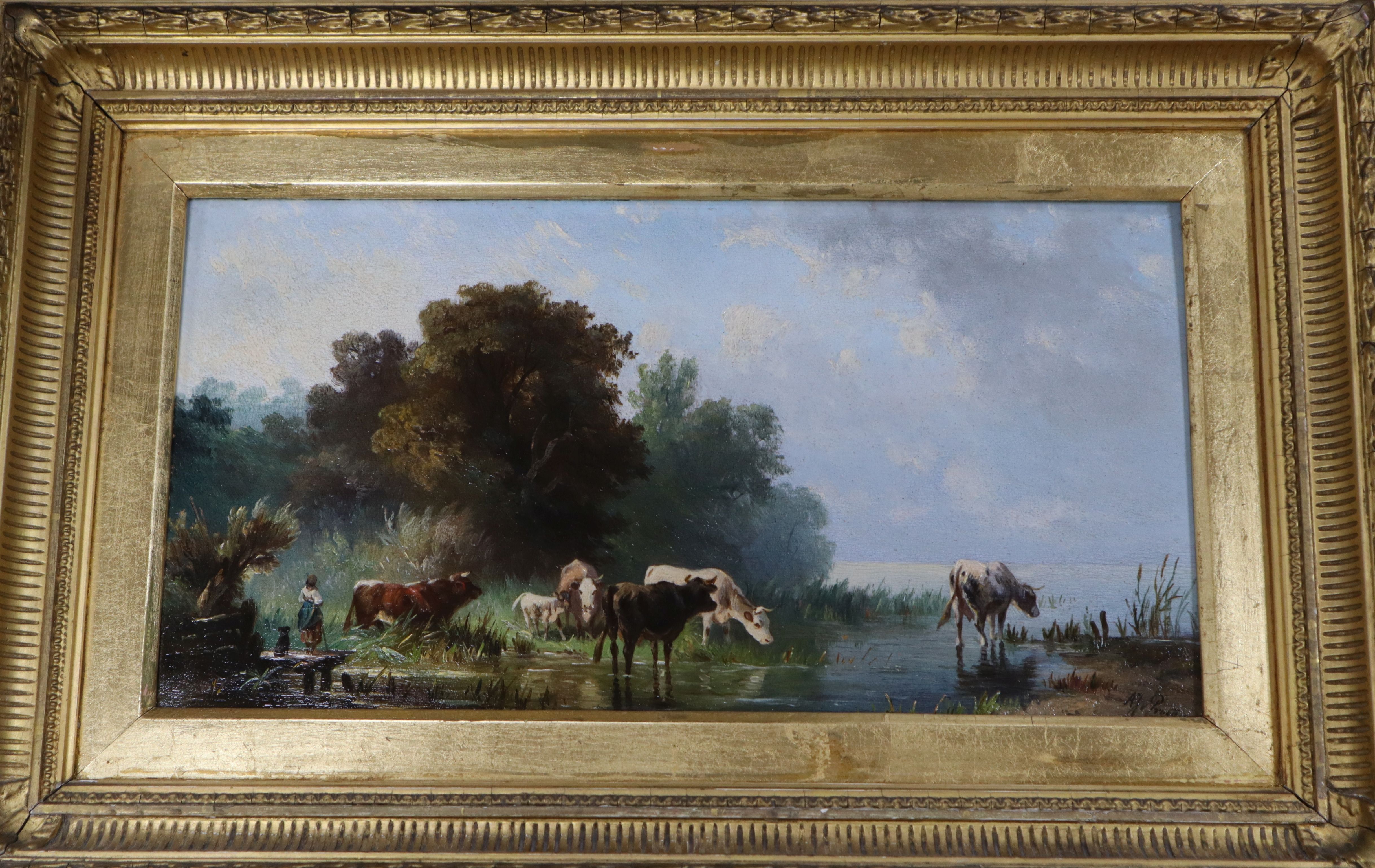 Albert Jurardus van Prooyen (Dutch 1834-1898), oil on panel, river landscape with cattle watering,