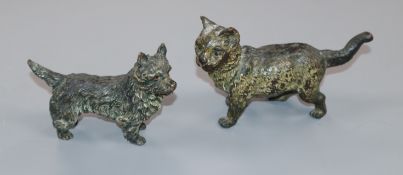 Two Viennese cold painted bronze figures of a cat and a terrier