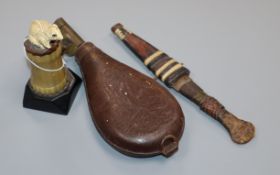 A 1930's Bakelite mouse lighter, a powder flask and a knife