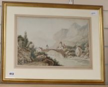 Continental School (19th century), watercolour, mountainous river landscape with a bridge and