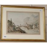 Continental School (19th century), watercolour, mountainous river landscape with a bridge and