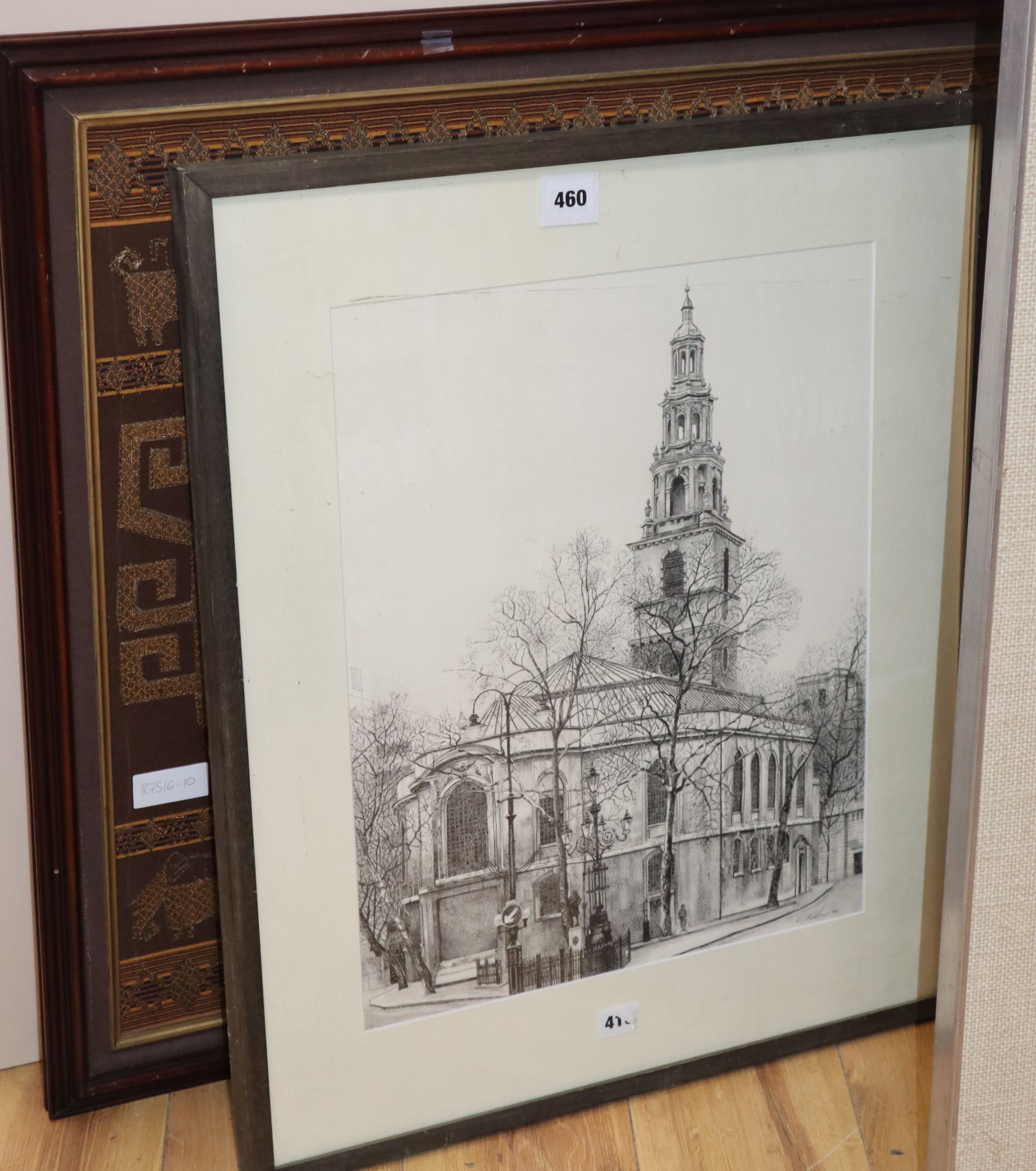 Russell McLean, etching, St Clement Daines, 48 x 38cm and three other pictures