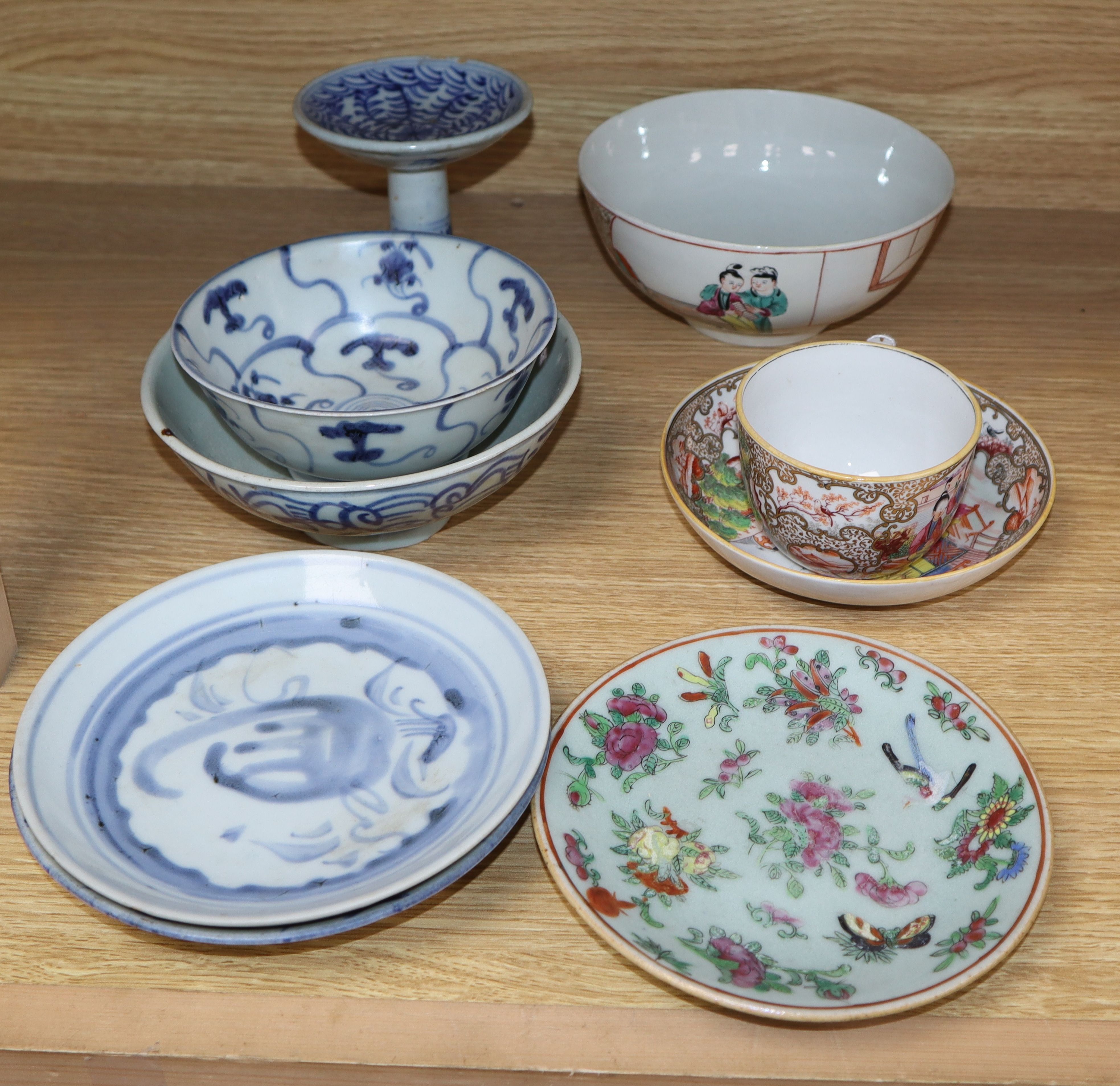 A Chinese Export cup and saucer and seven other items