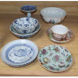 A Chinese Export cup and saucer and seven other items