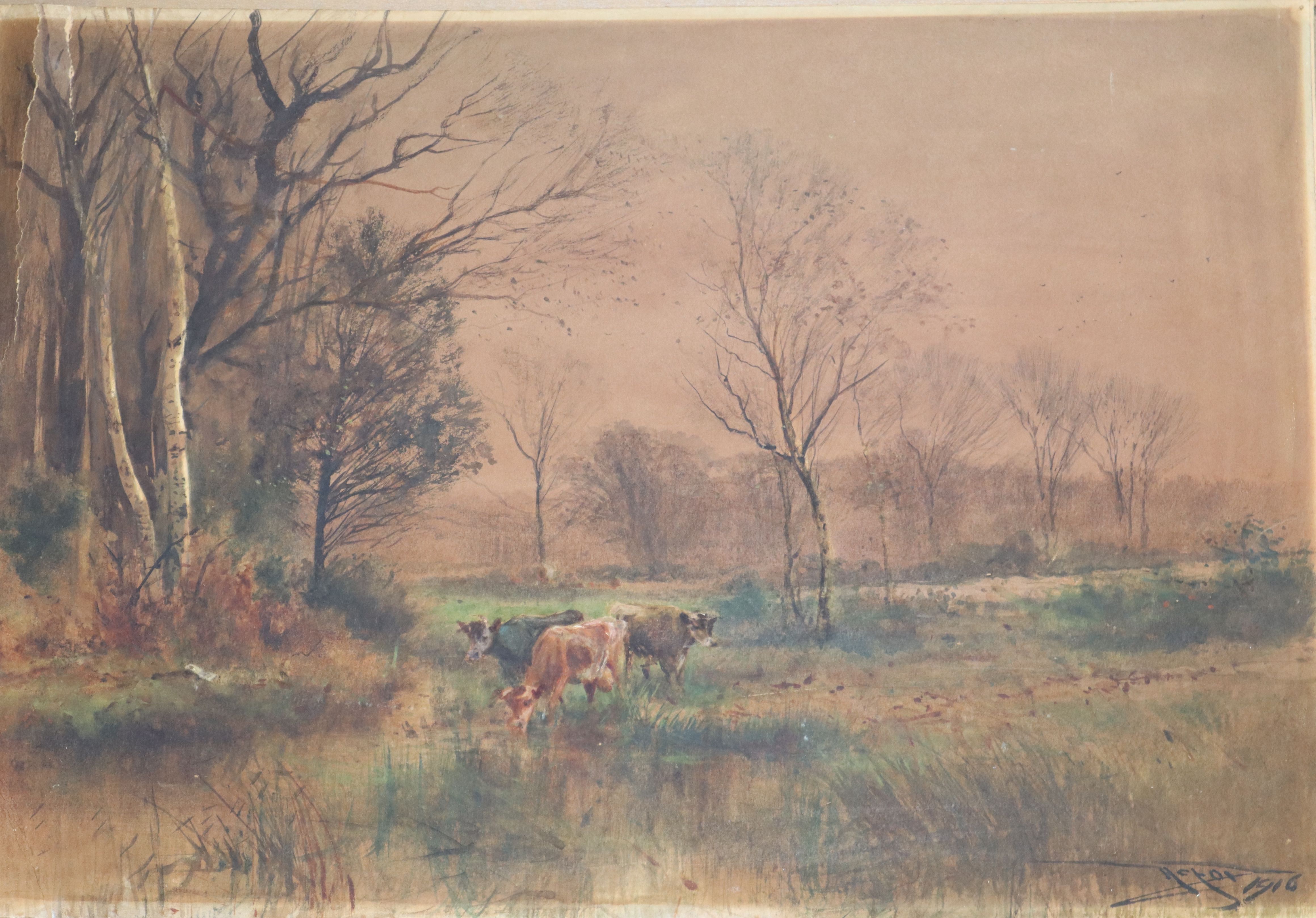 Henry Charles Fox, watercolour, Cattle watering, signed and dated 1916, 38 x 56cm, unframed