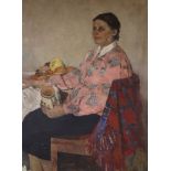 Russian School, oil on canvas, Portrait of a seated lady, 87 x 65cm, unframed