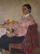 Russian School, oil on canvas, Portrait of a seated lady, 87 x 65cm, unframed