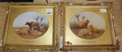 Follower of Thomas Sidney Cooper, a pair of watercolours, cattle and sheep in landscapes, bearing