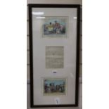 Two 18th century hand-coloured cartoon prints and an autograph note from George Cruikshank (framed