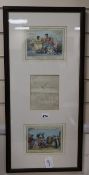 Two 18th century hand-coloured cartoon prints and an autograph note from George Cruikshank (framed