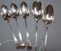A William IV silver bead edge serving spoon, London 1834, maker Mary Chawner and four other bead