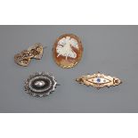 A 9ct gold mounted cameo brooch, a 9ct bar brooch and two other brooches including a late