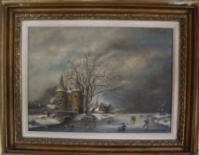 Cornelius van Weyden, oil on canvas, Dutch winter landscape, 27 x 37cm