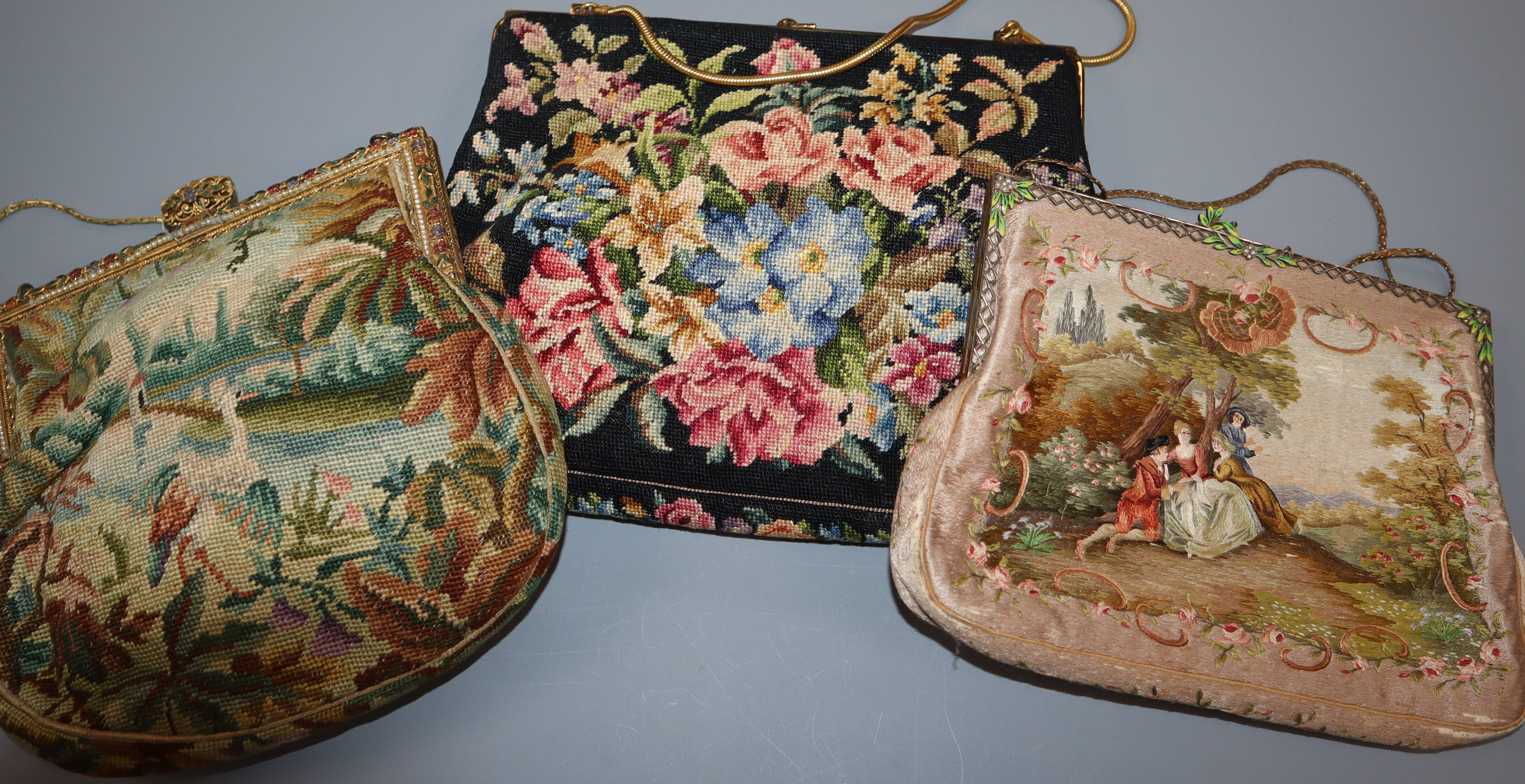 A fine silk embroidered bag and a two needlework bags