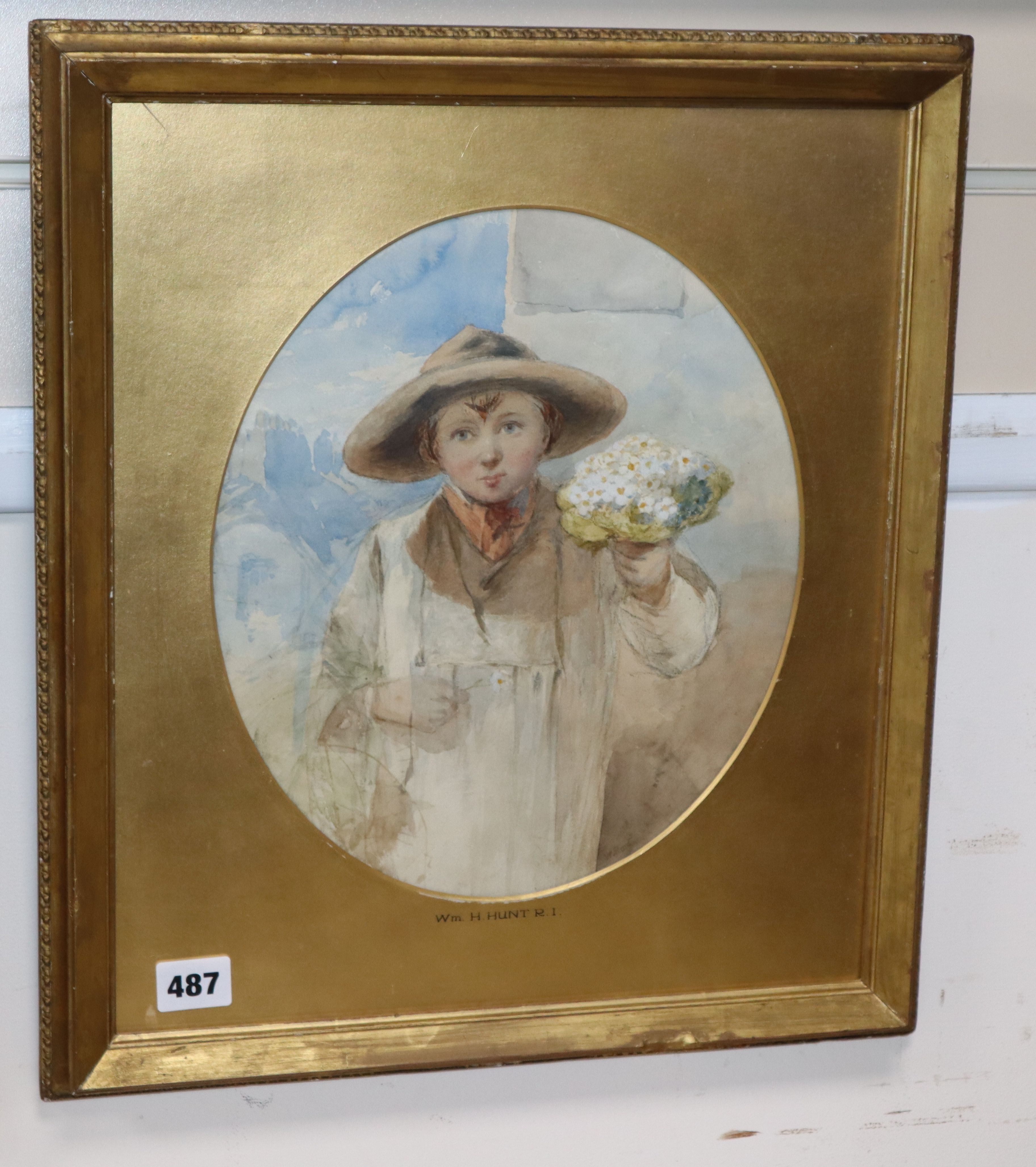 William Henry Hunt (1790-1864), watercolour, Boy with a bouquet of flowers, signed, 30 x 25cm