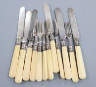 Six pairs of Victorian ivory handled silver fruit eaters, John Gamage, Birmingham, 1871/2.