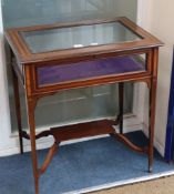 An Edwardian inlaid mahogany display table, with bevelled glazing and understage, W.2ft 8in. D.1ft