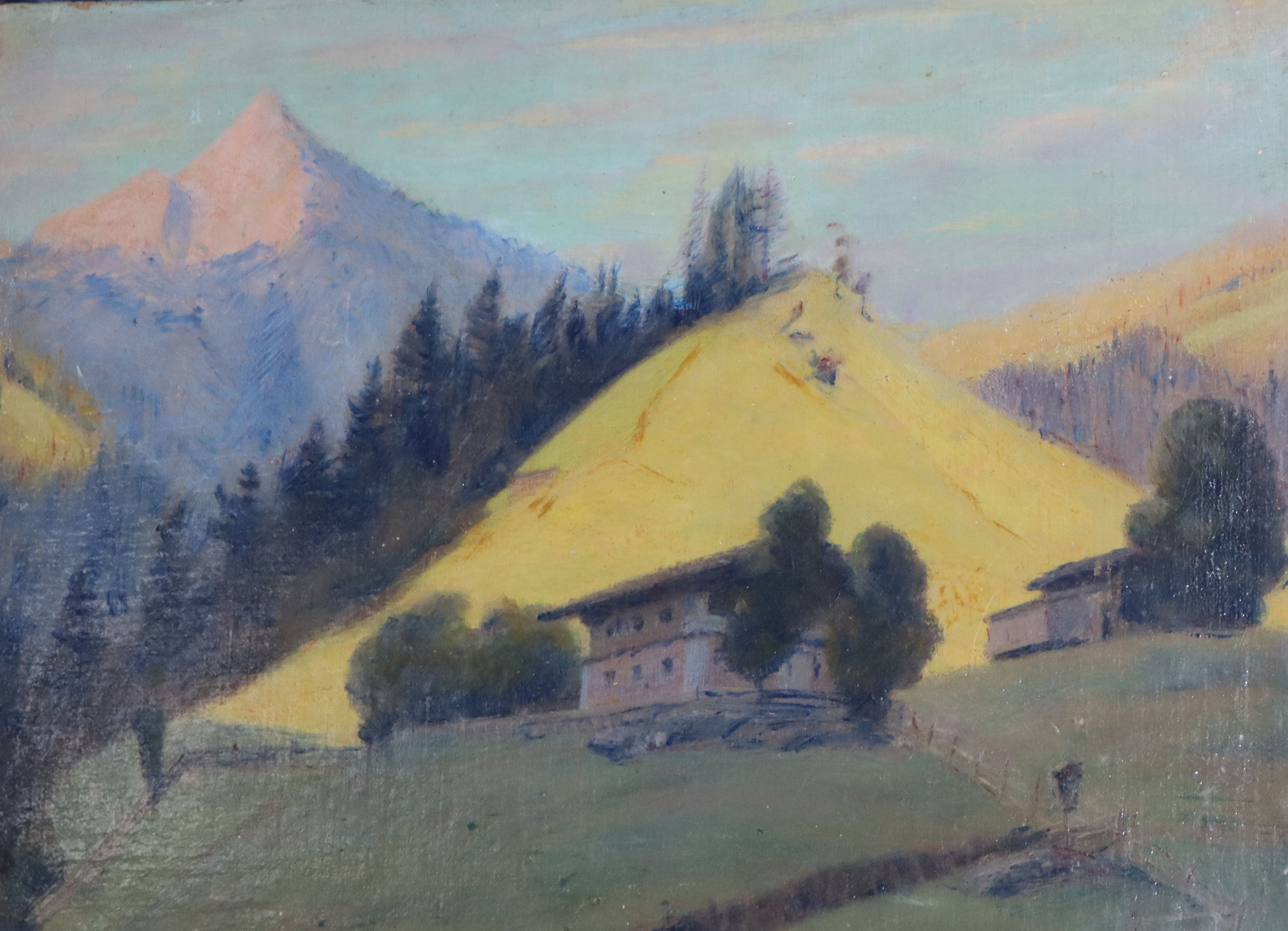 Attributed to Herbert Finney, oil on canvas laid on board, Alpine landscape in summer, 38 x 54cm,