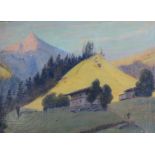 Attributed to Herbert Finney, oil on canvas laid on board, Alpine landscape in summer, 38 x 54cm,