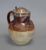 A silver mounted Mortlake stoneware jug height 21cm