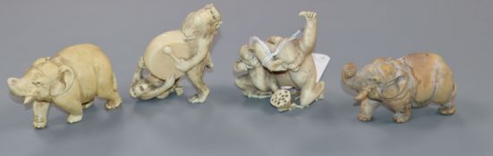 Two Japanese ivory okimonos of monkeys and two ivory elephants, early 20th century tallest 6.5cm