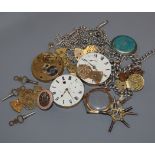 Four silver or white metal albert chains, three pocket watch movements and assorted watch parts