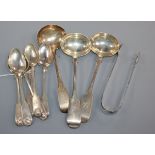 A group of 19th century silver flatware including six fiddle and shell pattern teaspoons, three
