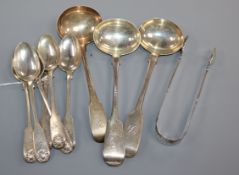 A group of 19th century silver flatware including six fiddle and shell pattern teaspoons, three