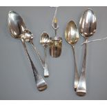 A George III silver shovel-shaped caddy spoon and sundry George III silver flatware, including a