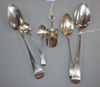 A George III silver shovel-shaped caddy spoon and sundry George III silver flatware, including a