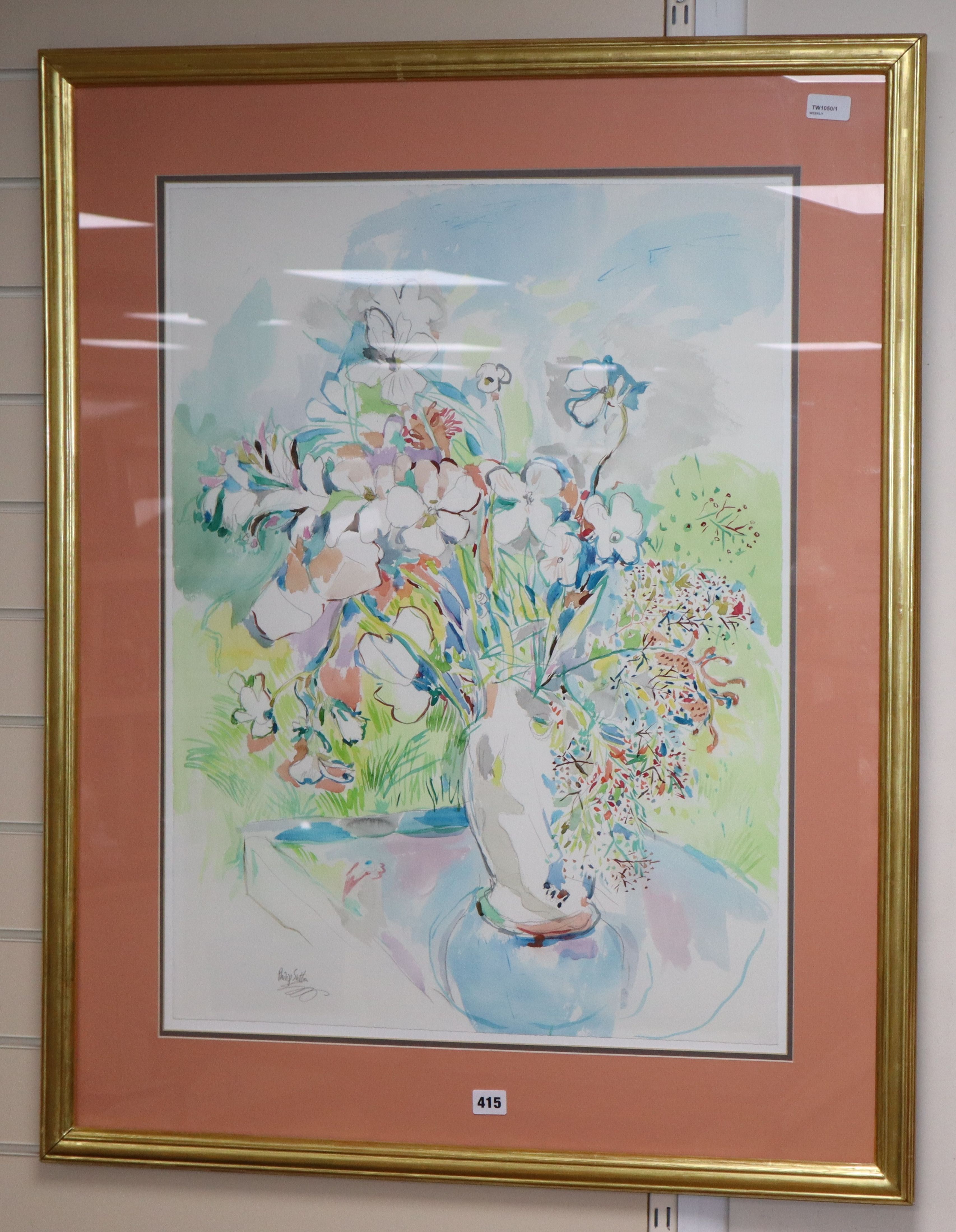 Philip Sutton (b.1928), watercolour, Still life of flowers in a vase, signed, 77 x 56cm