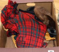 A beaver sporran, various vintage kilts and other clothing