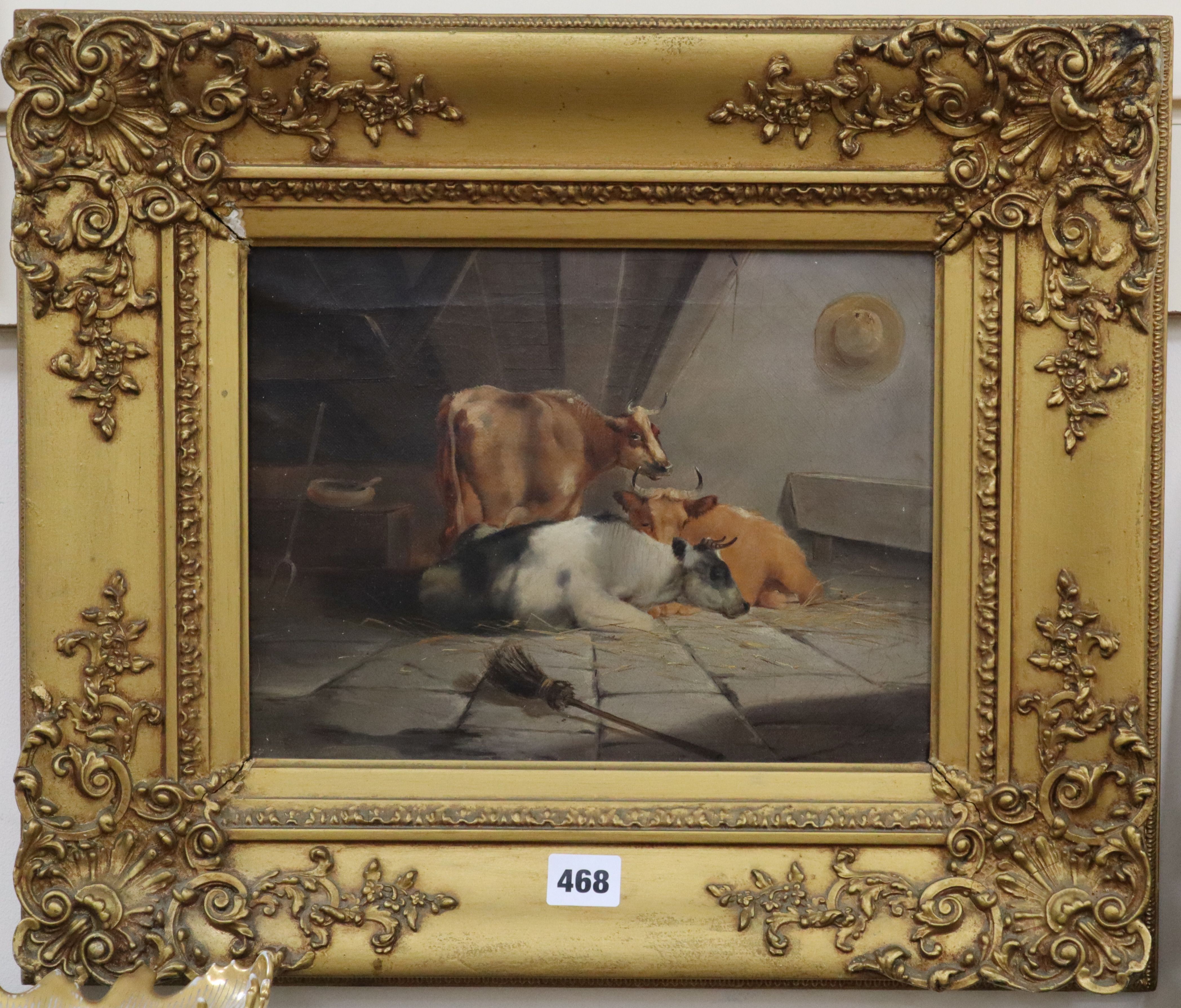 Manner of Aelbert Cuyp, stable interior with cattle, oil on canvas, in gilt frame, 22 x 29.5cm