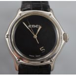 A gentleman's stainless steel Ebel 1911 quartz black dial wrist watch, no. E 9187241, on Ebel