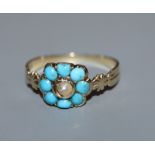 A Victorian yellow metal, turquoise and seed pearl cluster ring, size I.