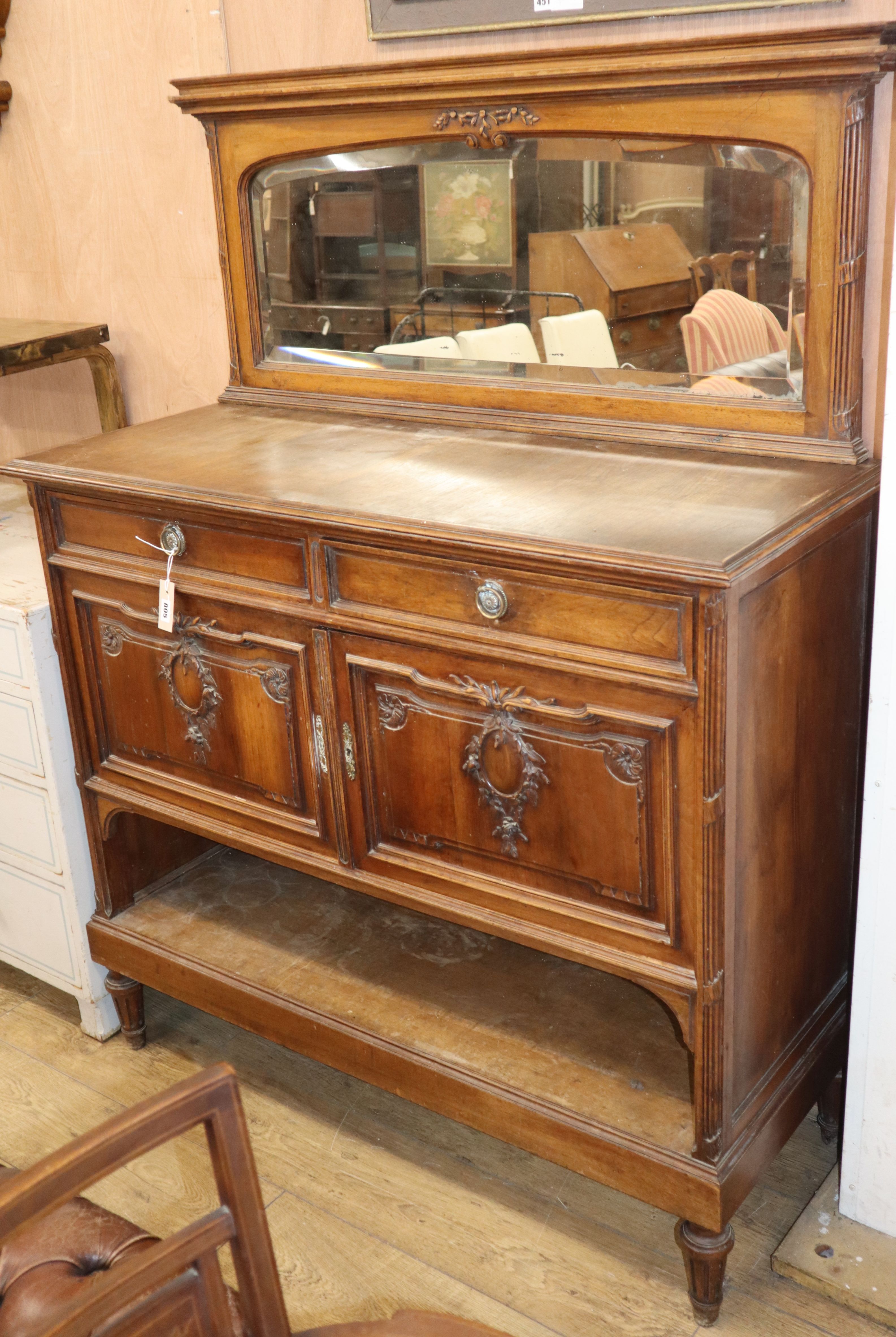 A late 19th century Flemish oak and walnut buffet W.120cm