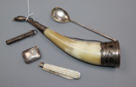 A late 19th century Russian 84 zolotnik spoon, a Soviet mounted horn vessel, two folding knives